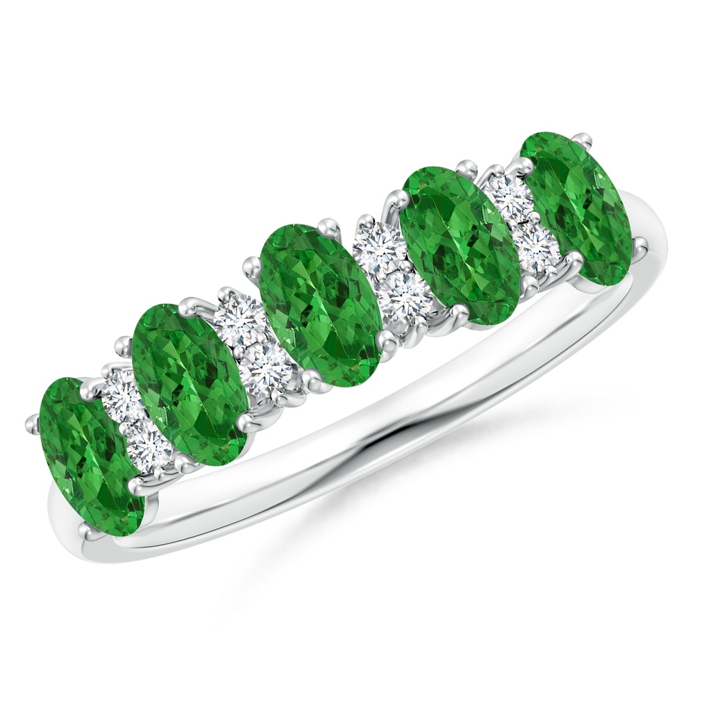 5x3mm AAAA Five Stone Tsavorite and Diamond Wedding Band in White Gold