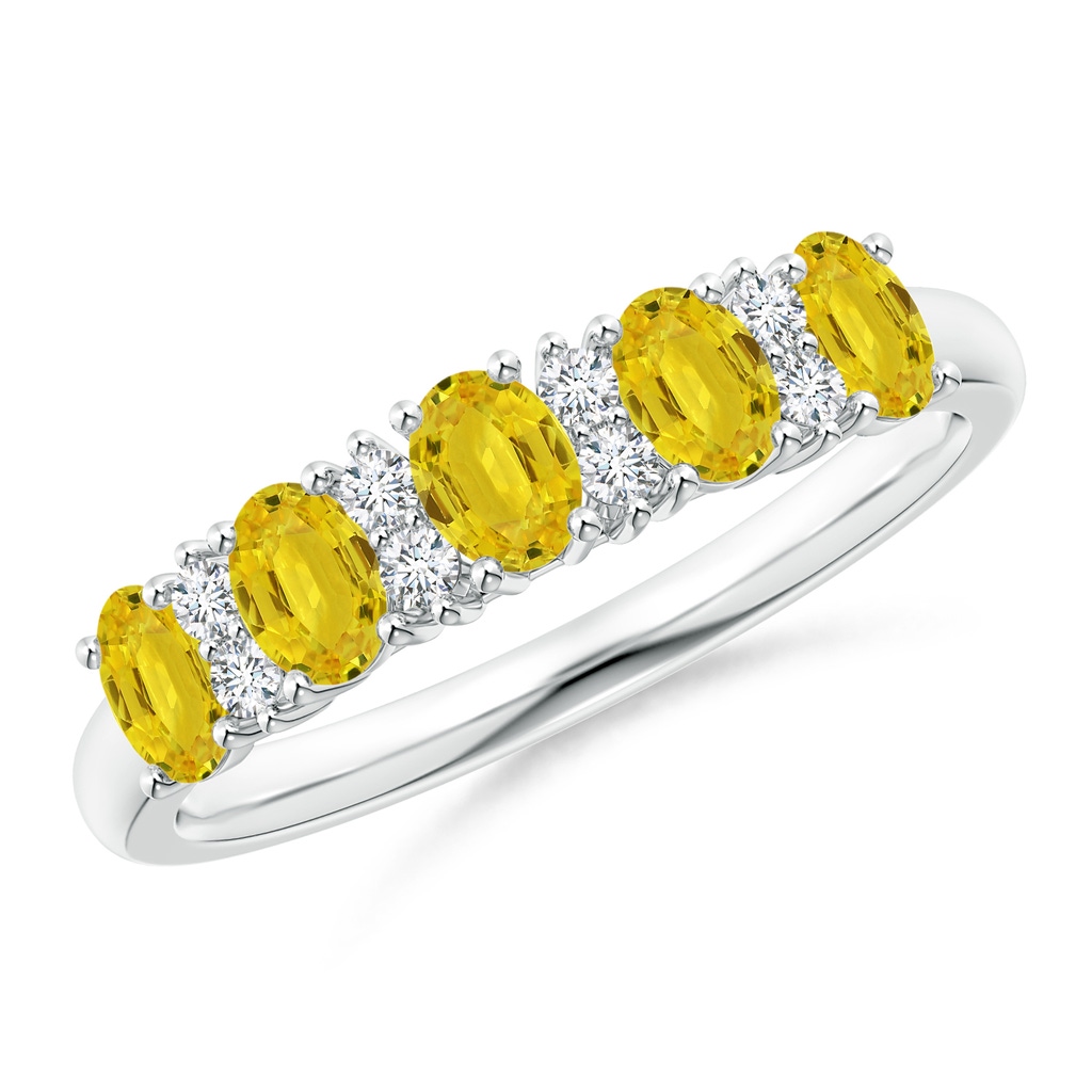 4x3mm AAA Five Stone Yellow Sapphire and Diamond Wedding Band in White Gold