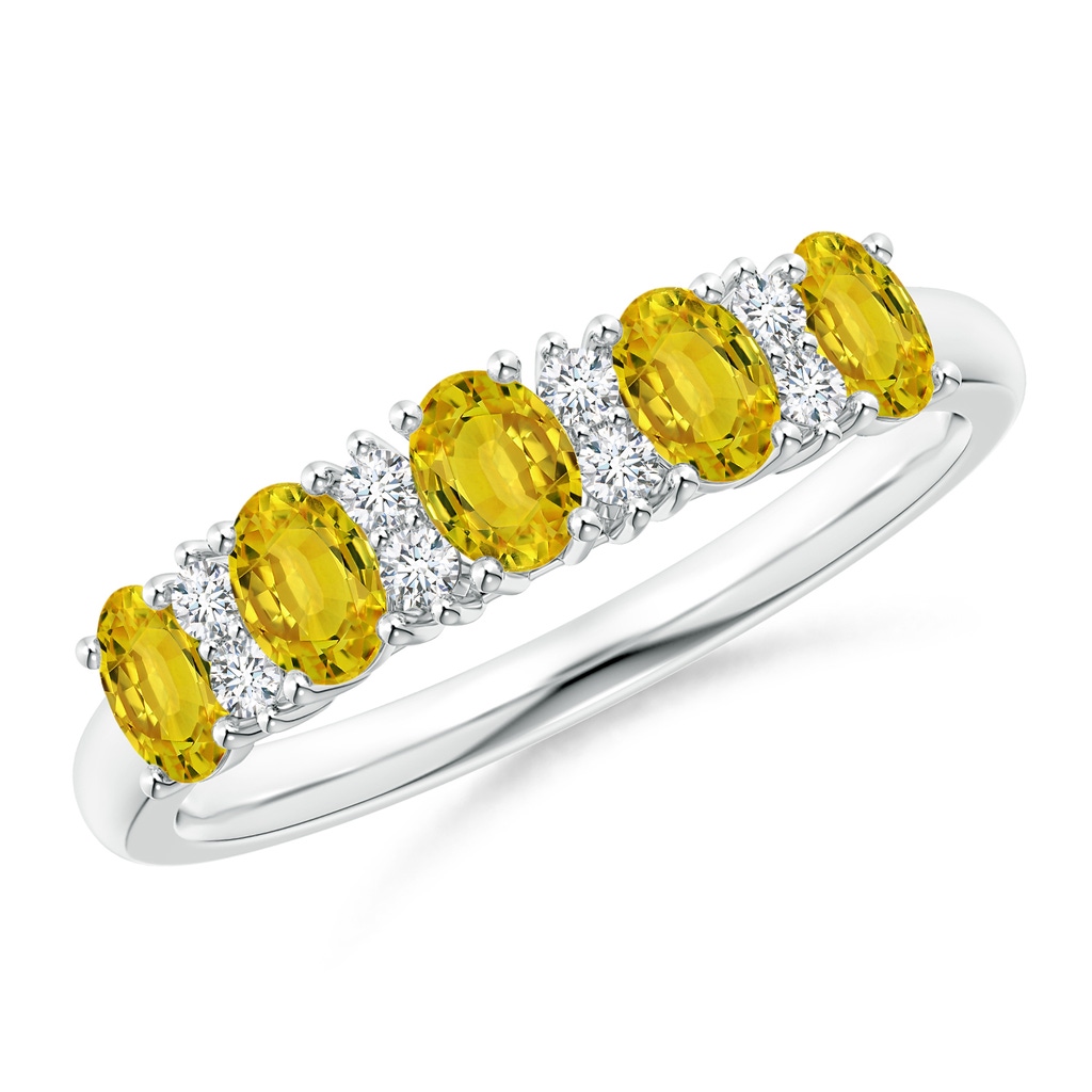 4x3mm AAAA Five Stone Yellow Sapphire and Diamond Wedding Band in White Gold