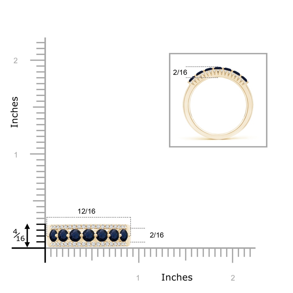 2.5mm A Floating Blue Sapphire Half Eternity Band with Diamonds in Yellow Gold ruler