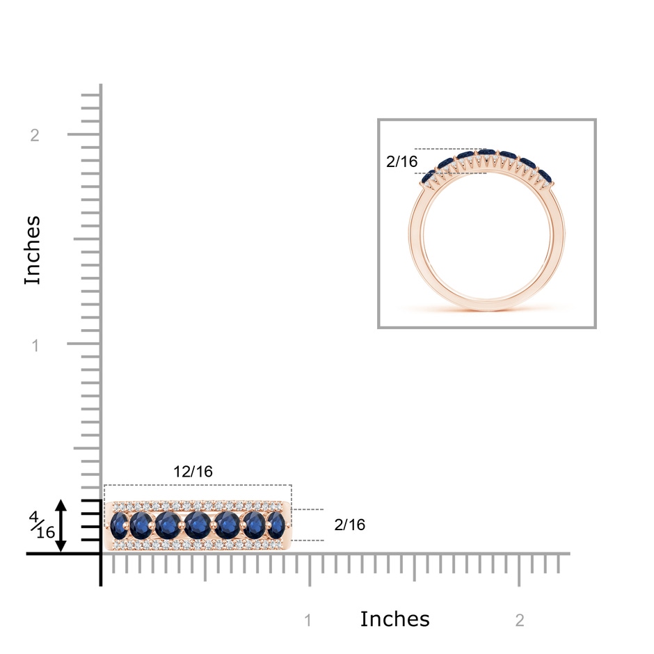 2.5mm AA Floating Blue Sapphire Half Eternity Band with Diamonds in Rose Gold ruler