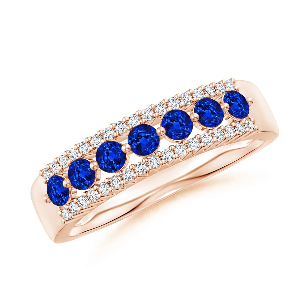 2.5mm AAAA Floating Blue Sapphire Half Eternity Band with Diamonds in Rose Gold