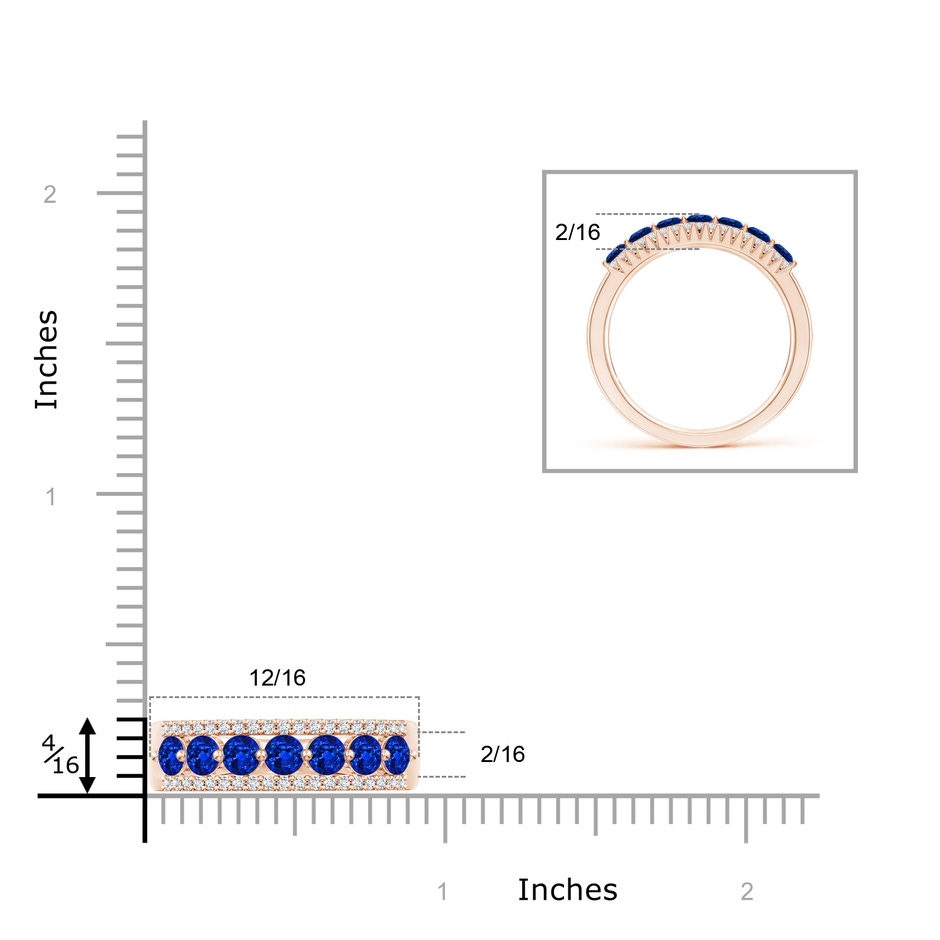 2.5mm AAAA Floating Blue Sapphire Half Eternity Band with Diamonds in Rose Gold ruler