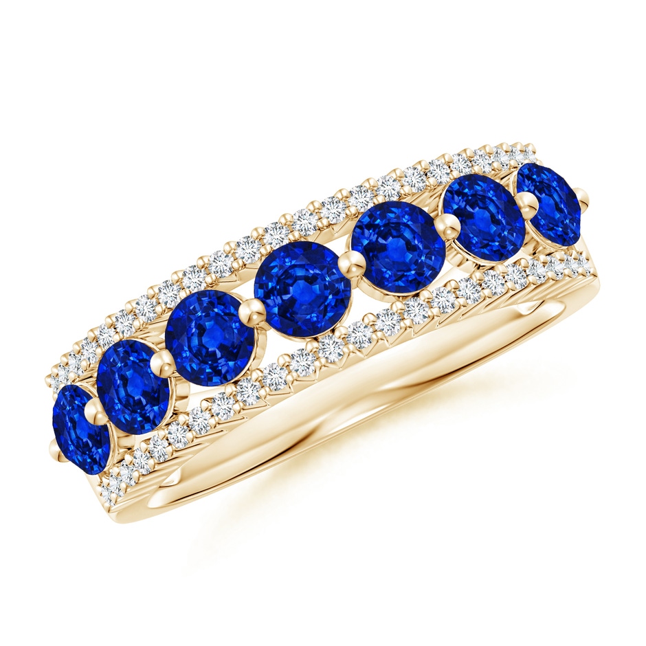 3.5mm AAAA Floating Blue Sapphire Half Eternity Band with Diamonds in Yellow Gold 