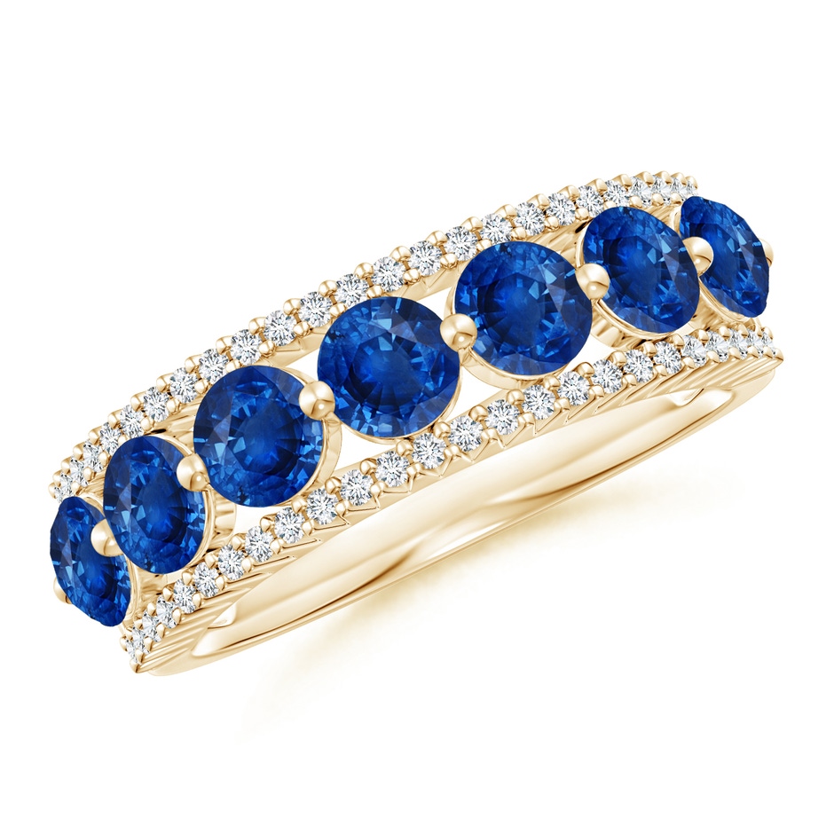 4mm AAA Floating Blue Sapphire Half Eternity Band with Diamonds in Yellow Gold 