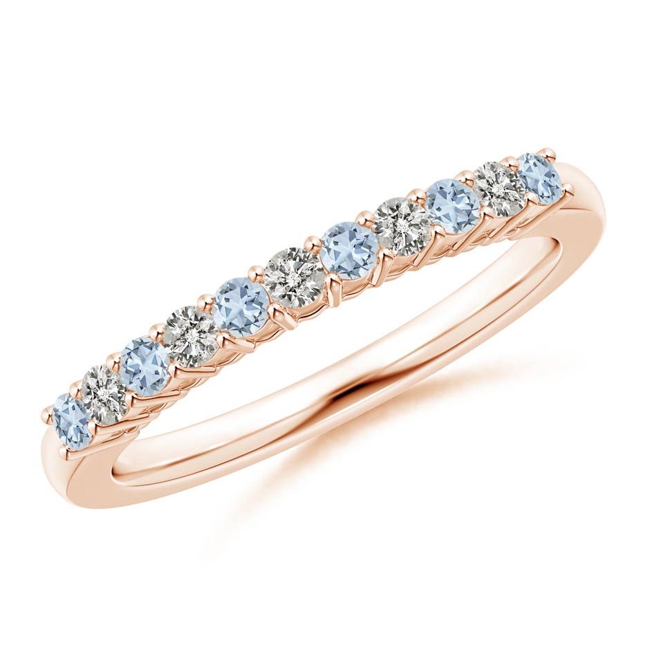 2mm A Aquamarine and Diamond Half Eternity Wedding Band in Rose Gold 
