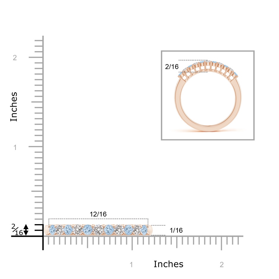 2mm AA Aquamarine and Diamond Half Eternity Wedding Band in Rose Gold ruler