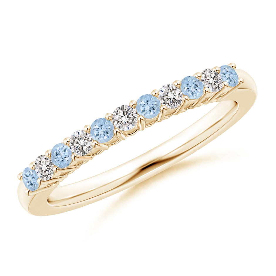 2mm AA Aquamarine and Diamond Half Eternity Wedding Band in Yellow Gold 
