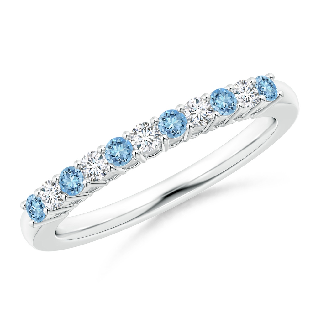 2mm AAAA Aquamarine and Diamond Half Eternity Wedding Band in 10K White Gold