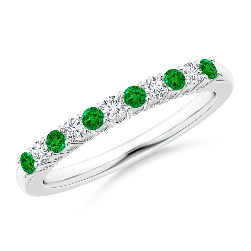 2mm AAAA Emerald and Diamond Half Eternity Wedding Band in White Gold 