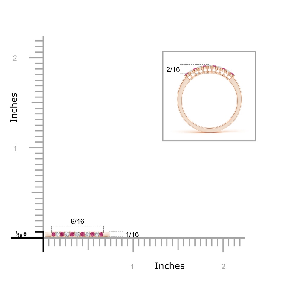 1.5mm AAAA Pink Sapphire and Diamond Half Eternity Wedding Band in Rose Gold ruler