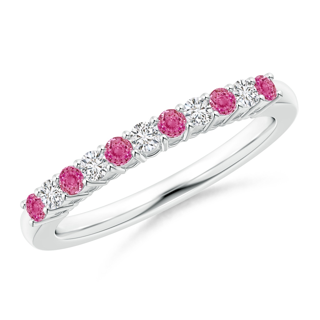 2mm AAA Pink Sapphire and Diamond Half Eternity Wedding Band in White Gold
