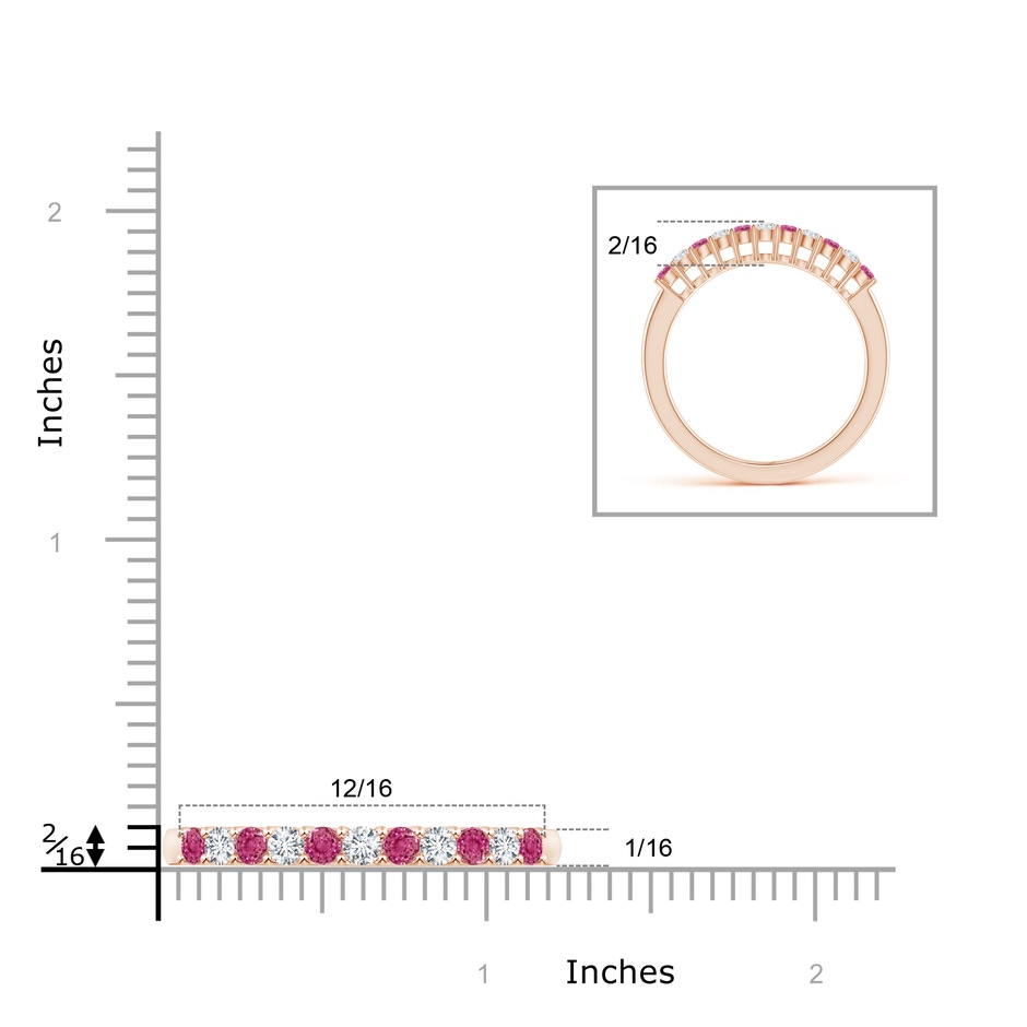 2mm AAAA Pink Sapphire and Diamond Half Eternity Wedding Band in Rose Gold ruler