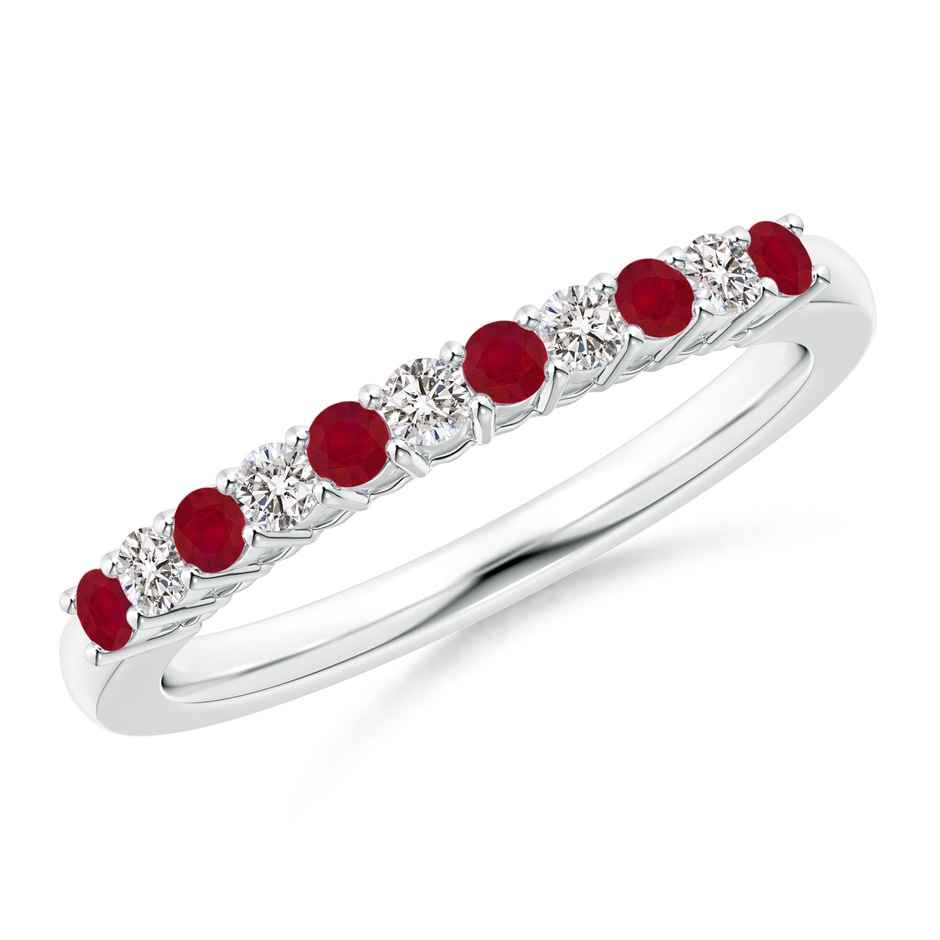 2mm AA Ruby and Diamond Half Eternity Wedding Band in White Gold 