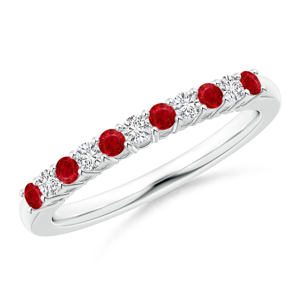 2mm AAA Ruby and Diamond Half Eternity Wedding Band in 10K White Gold