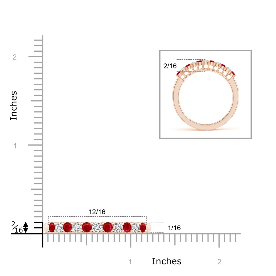 2mm AAA Ruby and Diamond Half Eternity Wedding Band in Rose Gold ruler