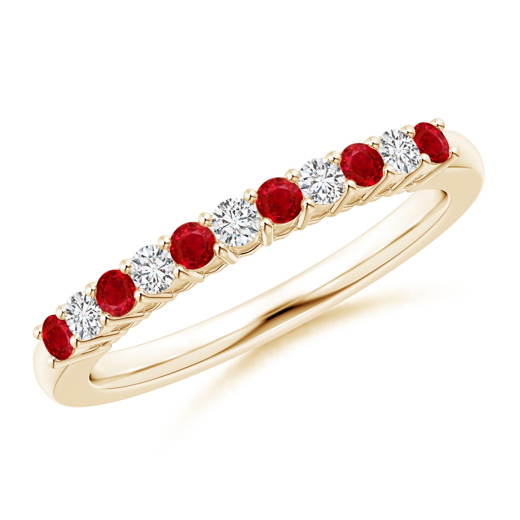 2mm AAA Ruby and Diamond Half Eternity Wedding Band in Yellow Gold
