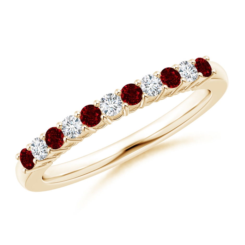 2mm AAAA Ruby and Diamond Half Eternity Wedding Band in Yellow Gold 