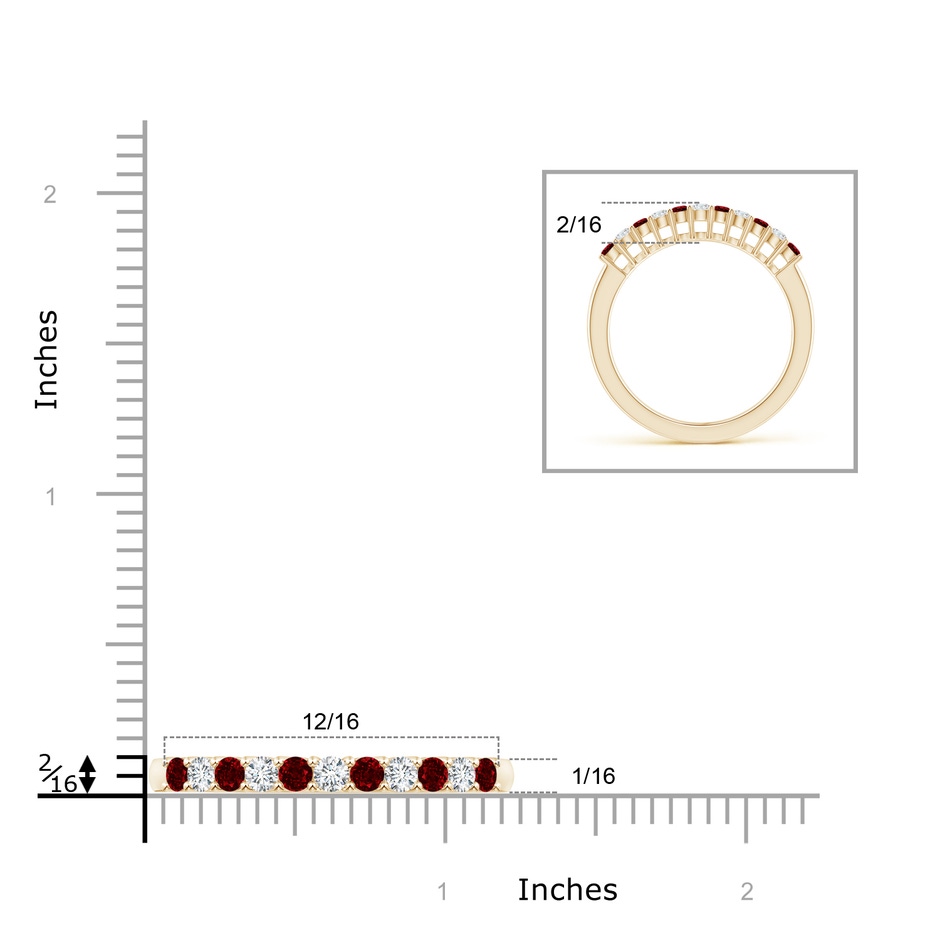 2mm AAAA Ruby and Diamond Half Eternity Wedding Band in Yellow Gold ruler