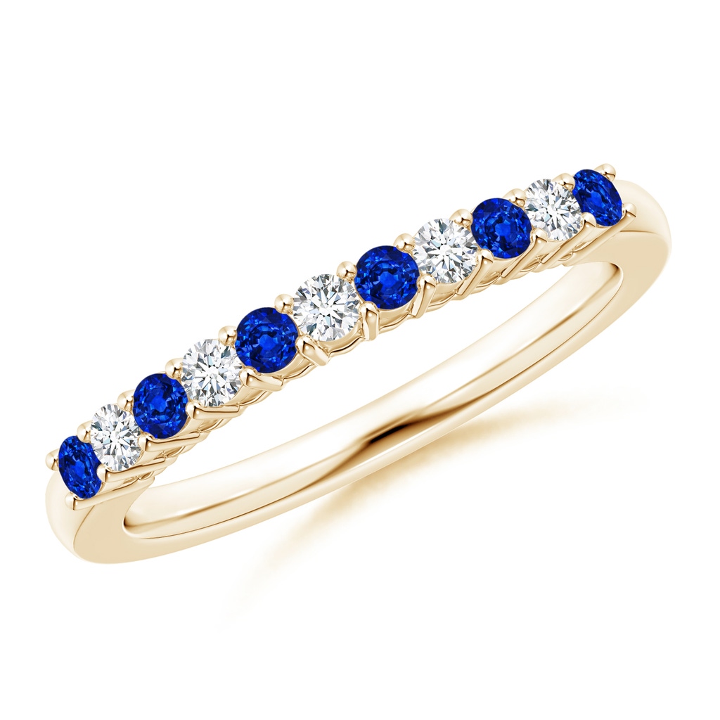 2mm AAAA Blue Sapphire and Diamond Half Eternity Wedding Band in Yellow Gold