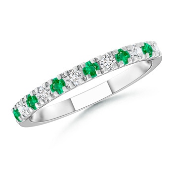 2mm AAA U Prong Emerald and Diamond Half Eternity Wedding Band in White Gold 