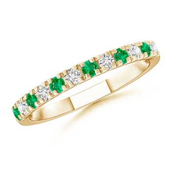 2mm AAA U Prong Emerald and Diamond Half Eternity Wedding Band in Yellow Gold 