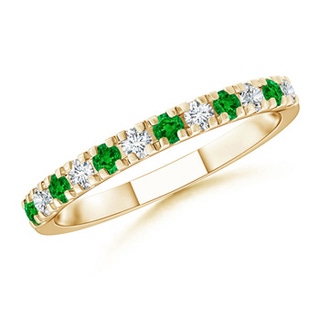 2mm AAAA U Prong Emerald and Diamond Half Eternity Wedding Band in Yellow Gold