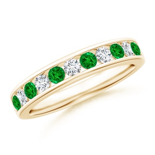 2.5mm AAAA Channel Set Emerald and Diamond Semi Eternity Band in Yellow Gold