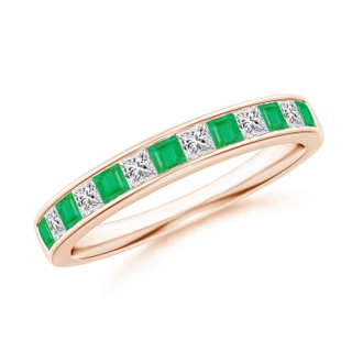 1.8mm A Channel Square Emerald and Diamond Half Eternity Band in 9K Rose Gold
