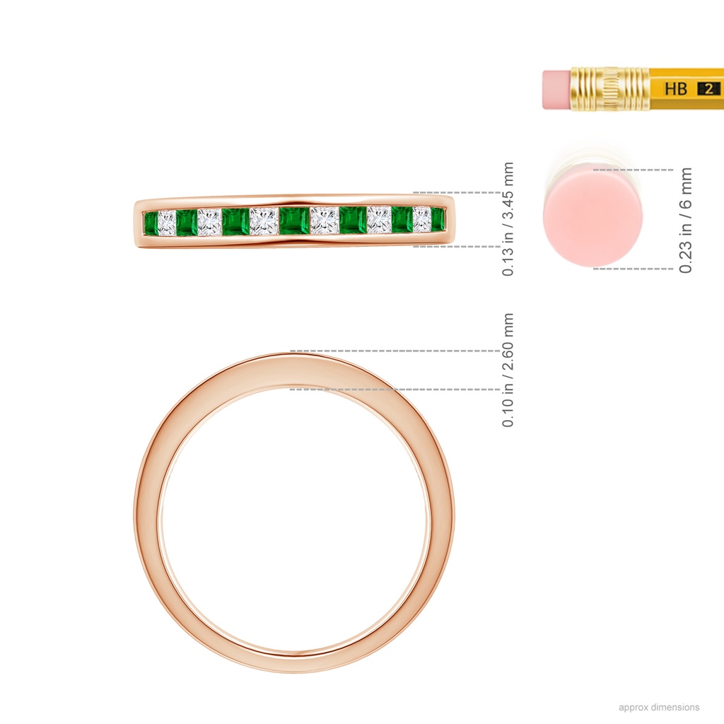 1.8mm AAAA Channel Square Emerald and Diamond Half Eternity Band in Rose Gold Ruler