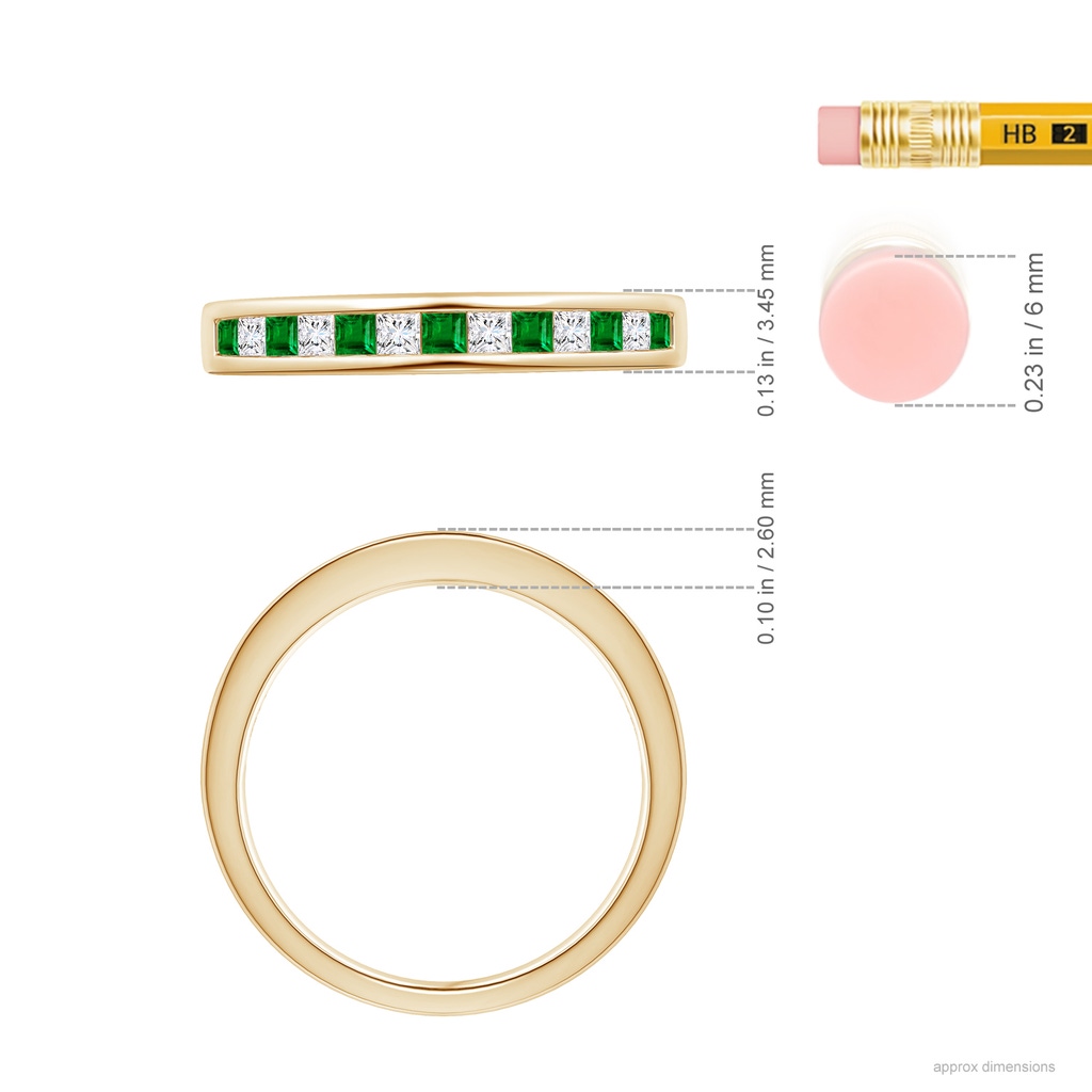 1.8mm AAAA Channel Square Emerald and Diamond Half Eternity Band in Yellow Gold Ruler