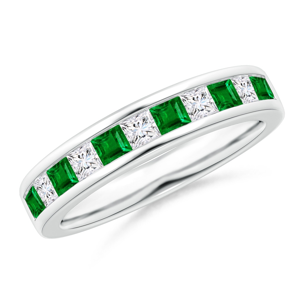 2.4mm AAAA Channel Square Emerald and Diamond Half Eternity Band in White Gold
