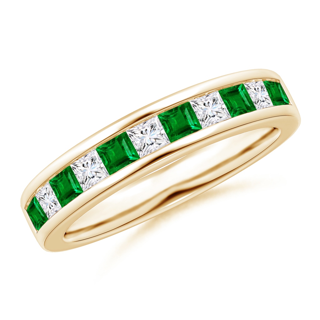 2.4mm AAAA Channel Square Emerald and Diamond Half Eternity Band in Yellow Gold