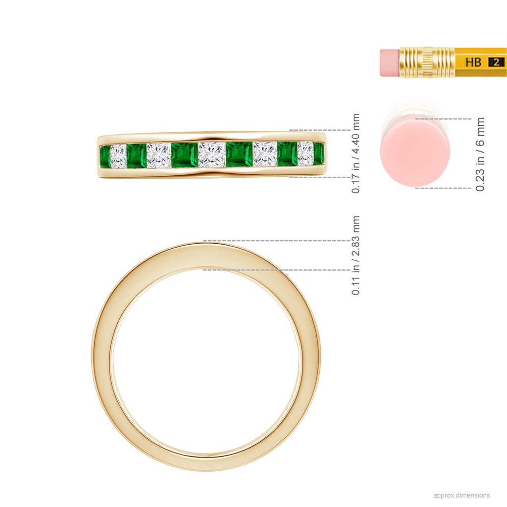 2.4mm AAAA Channel Square Emerald and Diamond Half Eternity Band in Yellow Gold Ruler