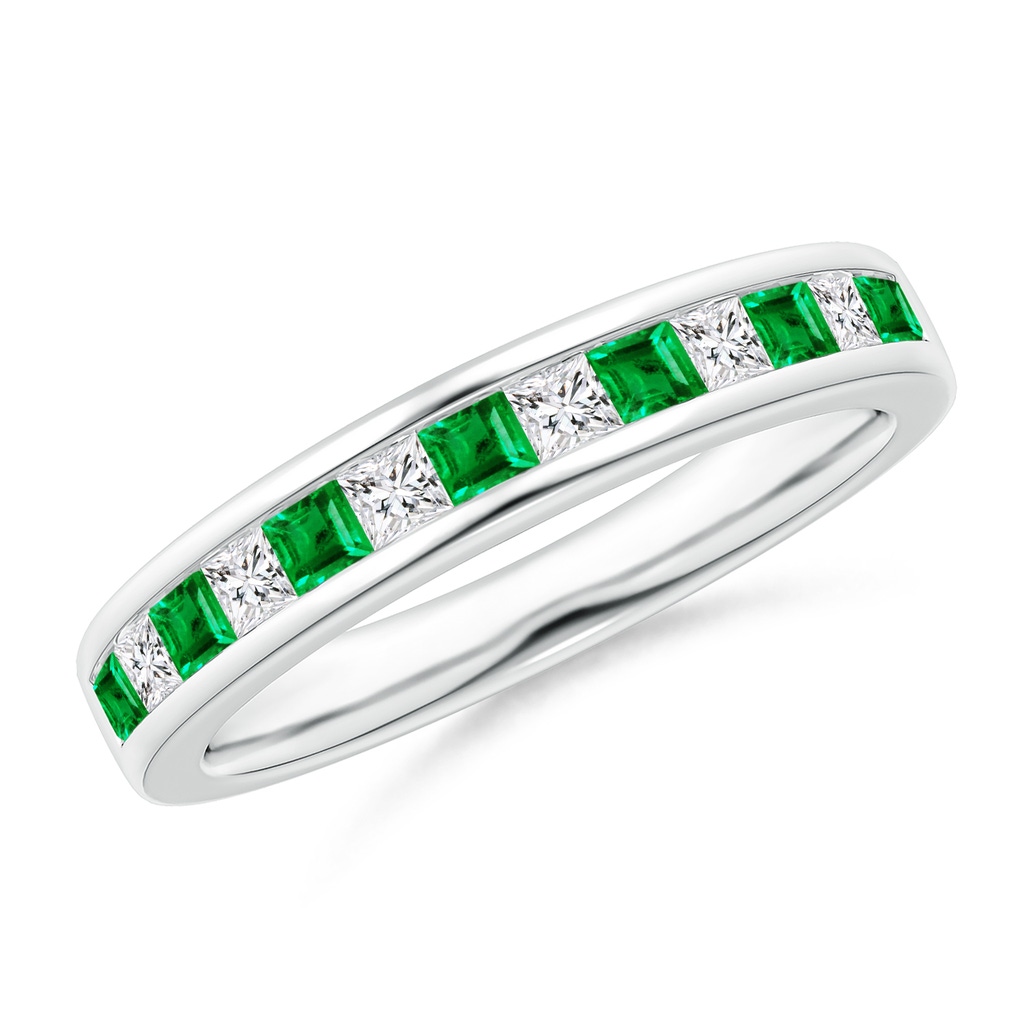 2mm AAA Channel Square Emerald and Diamond Half Eternity Band in White Gold