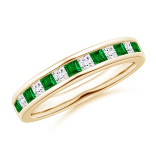 2mm AAAA Channel Square Emerald and Diamond Half Eternity Band in Yellow Gold