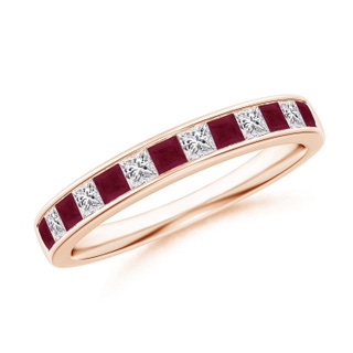1.8mm A Channel Square Ruby and Diamond Half Eternity Band in 9K Rose Gold