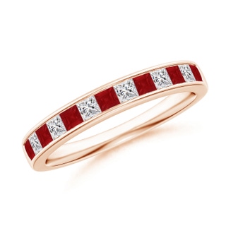 1.8mm AA Channel Square Ruby and Diamond Half Eternity Band in 10K Rose Gold