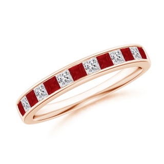 1.8mm AA Channel Square Ruby and Diamond Half Eternity Band in 9K Rose Gold
