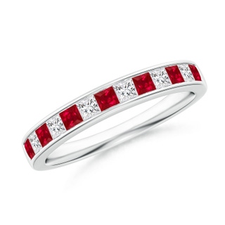 1.8mm AAA Channel Square Ruby and Diamond Half Eternity Band in 9K White Gold