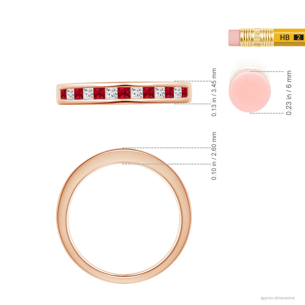 1.8mm AAA Channel Square Ruby and Diamond Half Eternity Band in Rose Gold Ruler