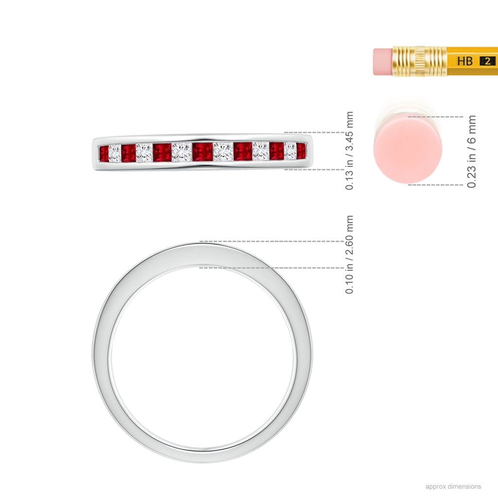 1.8mm AAAA Channel Square Ruby and Diamond Half Eternity Band in White Gold Ruler