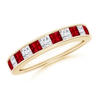 2.4mm AAAA Channel Square Ruby and Diamond Half Eternity Band in 9K Yellow Gold