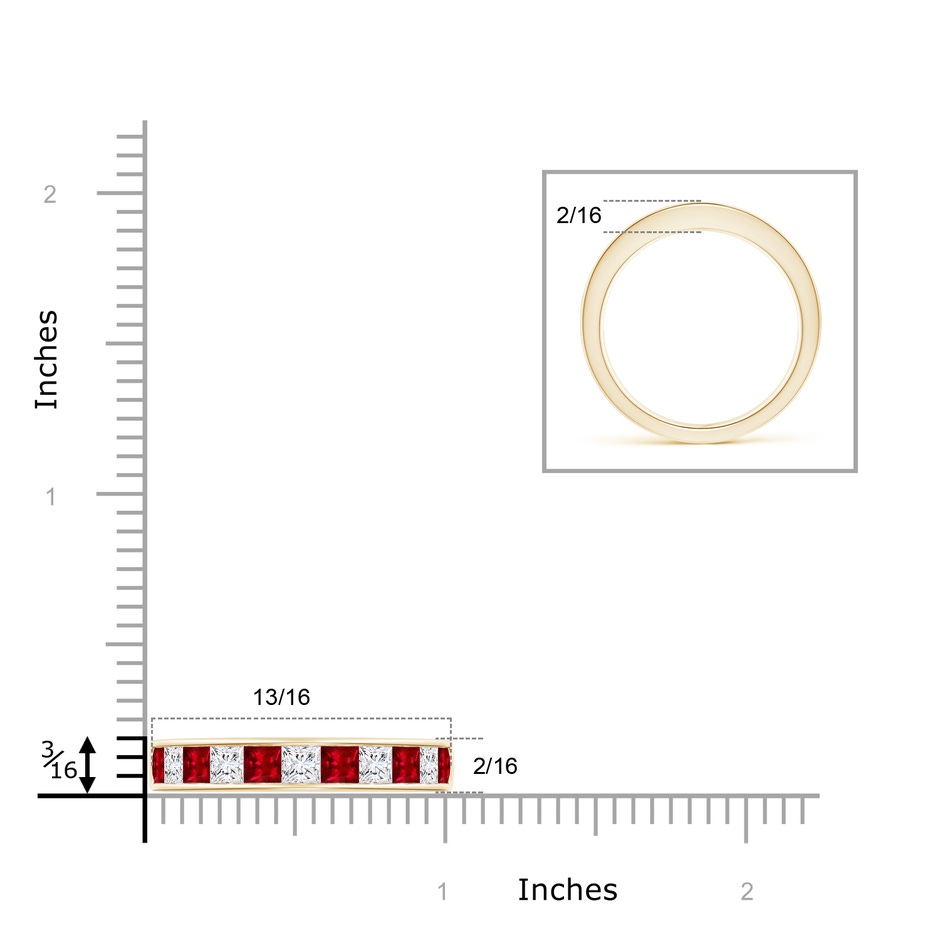 2.4mm AAAA Channel Square Ruby and Diamond Half Eternity Band in 9K Yellow Gold ruler