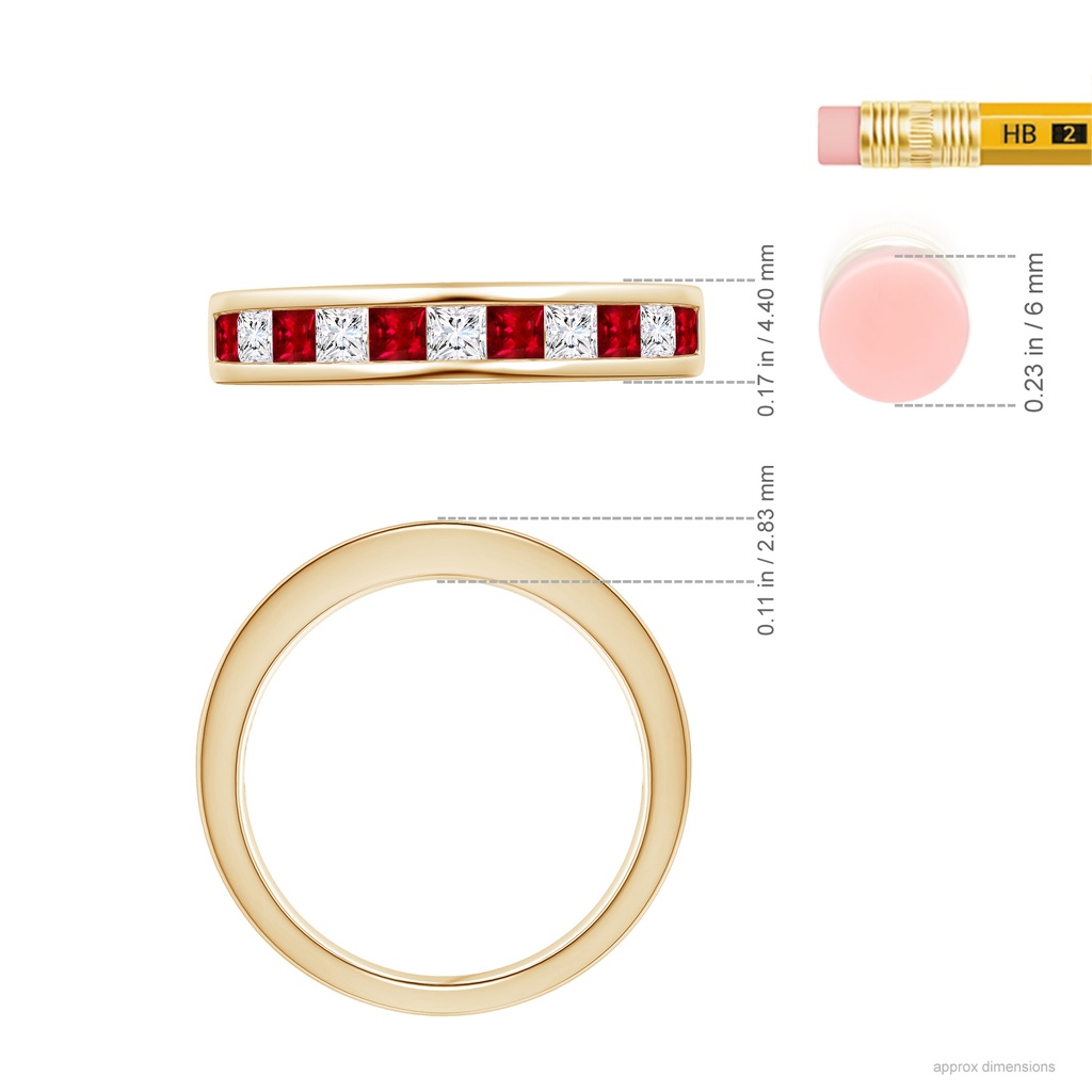 2.4mm AAAA Channel Square Ruby and Diamond Half Eternity Band in Yellow Gold Ruler
