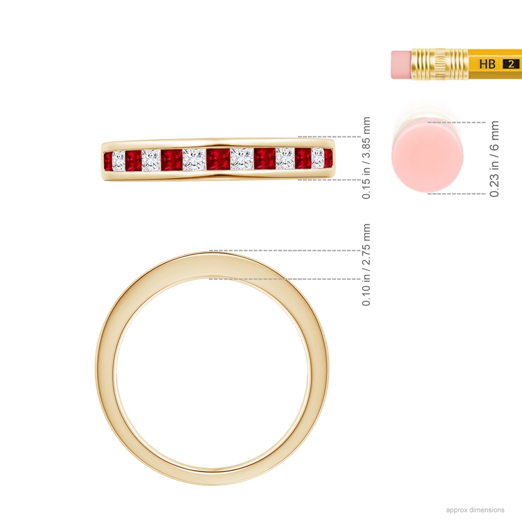 2mm AAAA Channel Square Ruby and Diamond Half Eternity Band in Yellow Gold Ruler