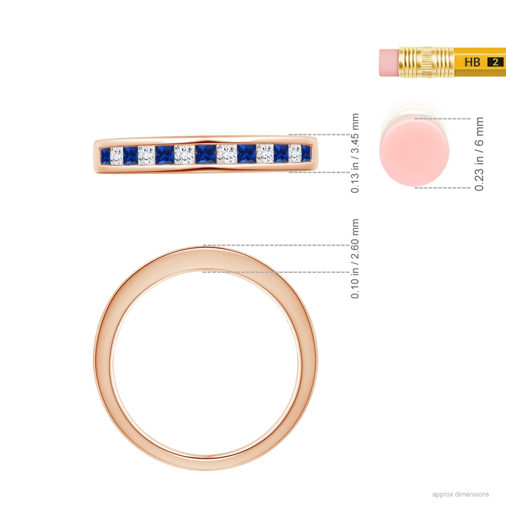 1.8mm AAAA Channel Square Sapphire and Diamond Half Eternity Band in Rose Gold Ruler