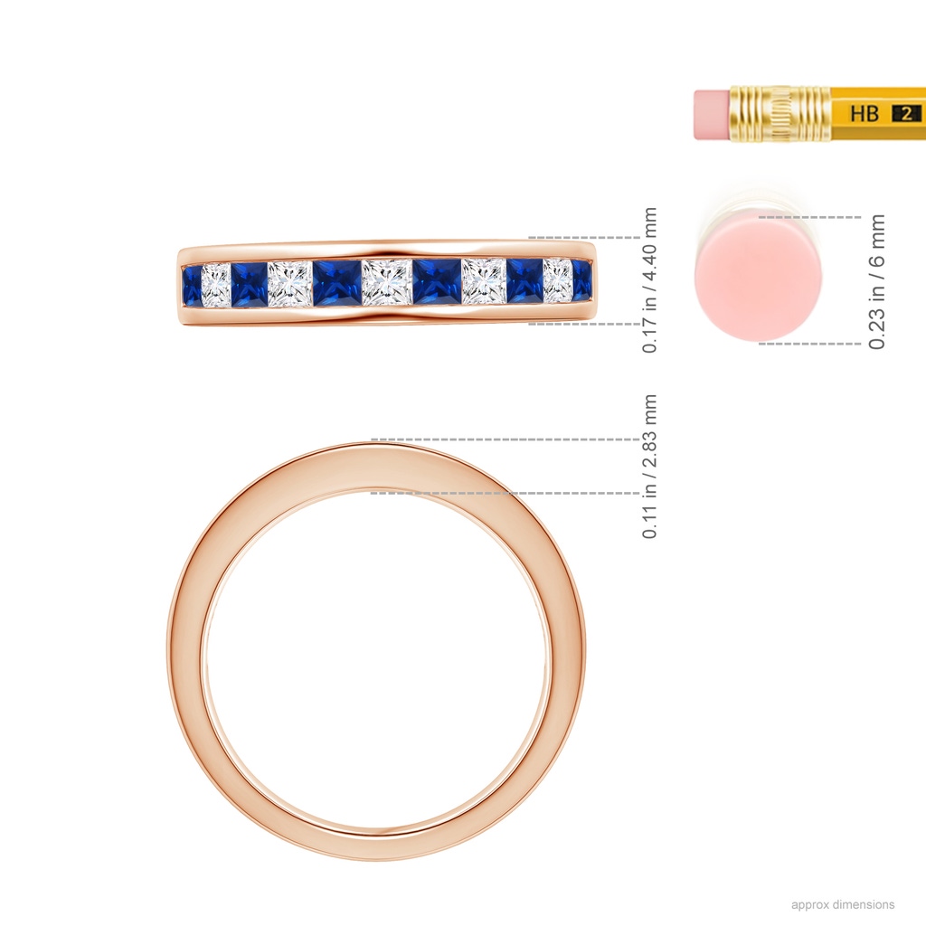 2.4mm AAAA Channel Square Sapphire and Diamond Half Eternity Band in Rose Gold Ruler