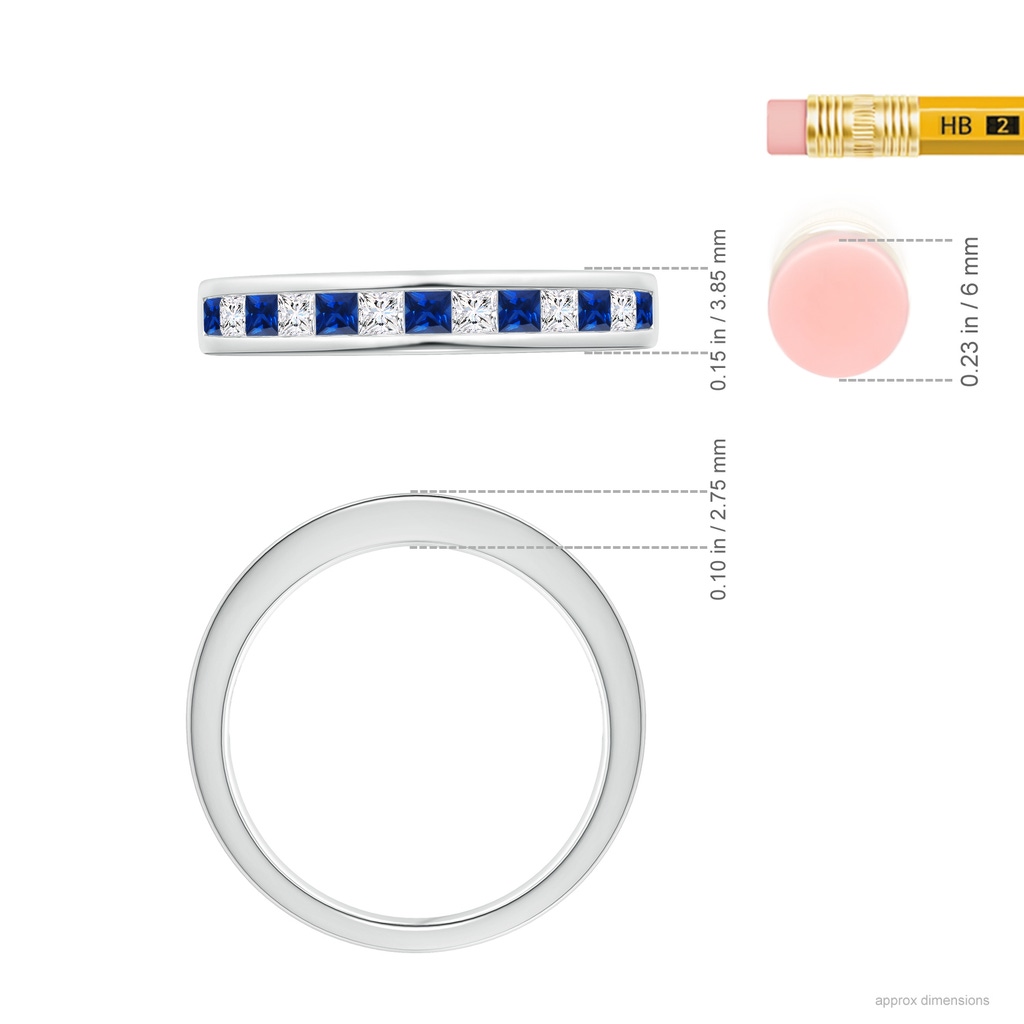 2mm AAAA Channel Square Sapphire and Diamond Half Eternity Band in White Gold Ruler