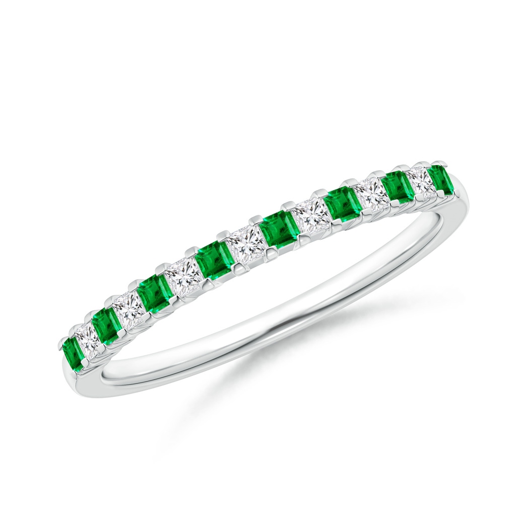 1.5mm AAA Square Emerald and Princess Diamond Semi Eternity Classic Wedding Band in White Gold